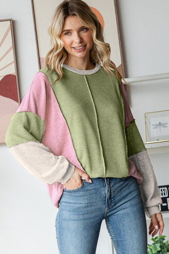 7th Ray Color Block Honeycomb Knit Top in Avocado