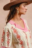 BiBi Lightweight Knit Top with Floral Embroidery in Ivory/Pink