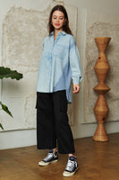 Davi & Dani Denim and Waffle Knit Button Down Top in Light Denim