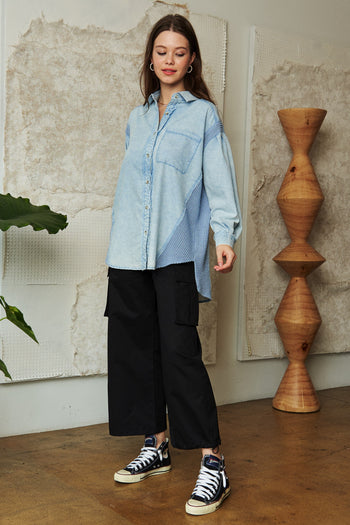 Davi & Dani Denim and Waffle Knit Button Down Top in Light Denim