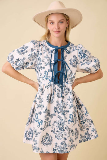 Main Strip Vintage Horse Toile Print Denim Mini Dress in Dark Navy S Main Strip Vintage Horse Toile Print Denim Mini Dress in Dark Navy S
