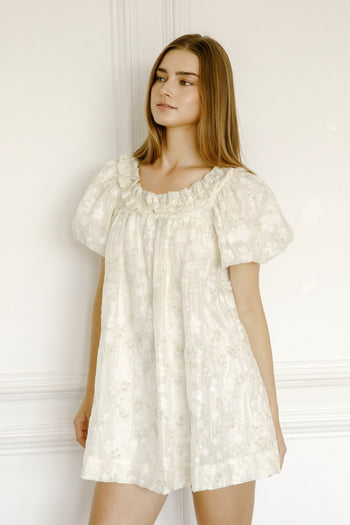 Storia Floral And Sequin Swing Mini Dress in Cream Gold