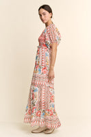 Davi & Dani Boho Floral Print Chiffon Maxi Dress in White Red