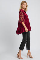 Umgee Velvet Lace Sleeve Tunic Top in Wine