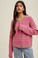 Wishlist Contrasting Color Striped Button Up Cardigan in Mocha/Punch
