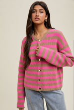Load image into Gallery viewer, Wishlist Contrasting Color Striped Button Up Cardigan in Mocha/Punch

