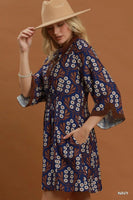 Umgee Floral Print Smocked Waist Dress in Navy