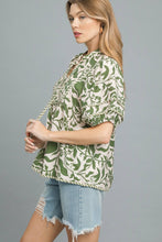 Load image into Gallery viewer, Umgee Floral Print Top with Contrasting Stripe Piping in Sage
