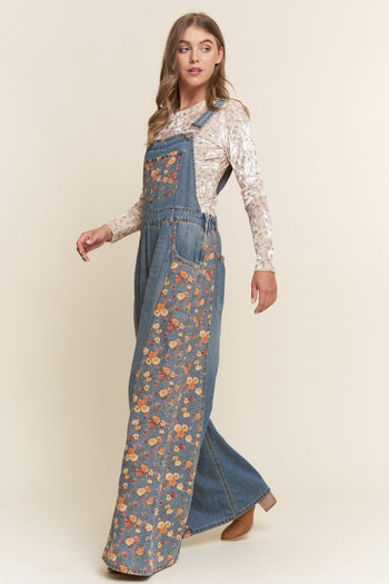 J.nna Contrasting Denim and Floral Overalls in Floral Denim