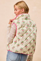BiBi Quilted Floral Print Vest with Solid Color Piping Details in Cream/Pink