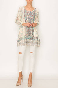 Origami Printed and Lace Tunic Top in BG/TURQ