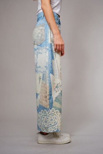 Blue B Patch Print Barrel Leg Jeans in Light Denim
