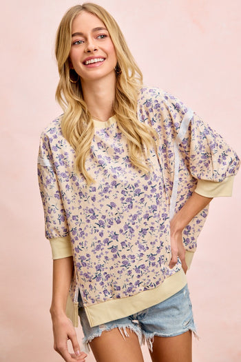 BiBi OVERSIZED Lightweight Corduroy Floral Print Top in Cream/Lavender