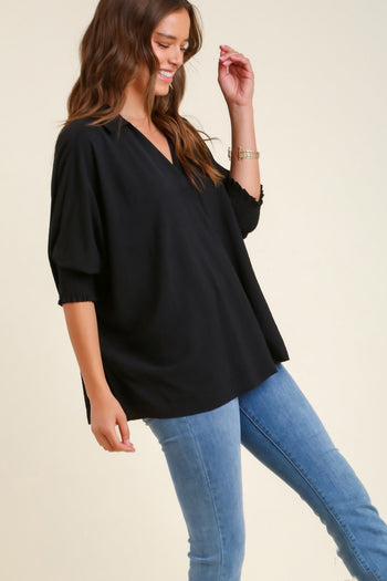 Umgee Textured Boxy Cut Collared Blouse in Black