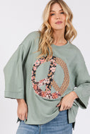 Sage+Fig OVERSIZED Peace Sign Patched Top in Dusty Green