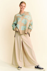 Davi & Dani OVERSIZED Knit Sweater with Floral Print in Taupe/Mint