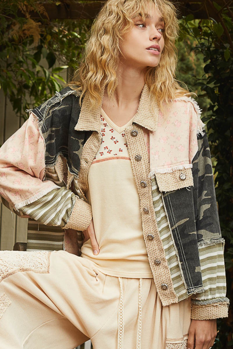 POL Vintage Washed Thermal, Camo and Floral Print Jacket in Olive