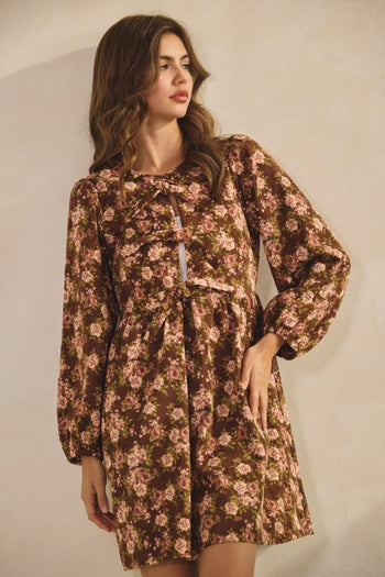 LovLov Corduroy Floral Print Mini Dress in Brown L LovLov Corduroy Floral Print Mini Dress in Brown L