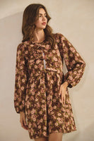 LovLov Corduroy Floral Print Mini Dress in Brown