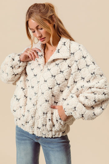 So Me Fleece Diamond and Bow Embroidered Jacket in Ivory