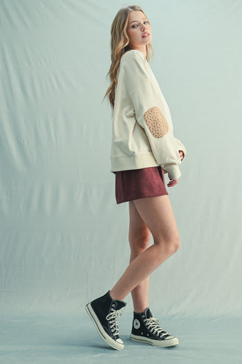 Wishlist Terry Knit Sweatshirt with Floral Elbow Patches in Taupe/Mocha