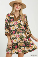 Umgee Mix Floral Contrast Trim Shift Mini Dress in Black Mix
