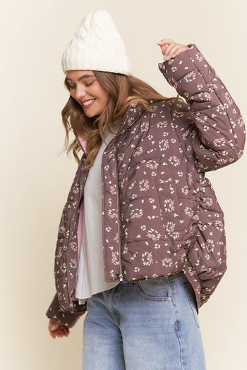 J.nna Ribbon Bow & Floral Print Puffer Jacket in Brown