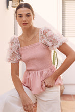 Load image into Gallery viewer, In February Smocked Babydoll Top with Contrasting Sleeves in Soft Pink Shirts &amp; Tops In February   
