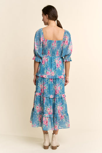 Davi & Dani Garden Floral Chiffon Midi Dress in Seafoam