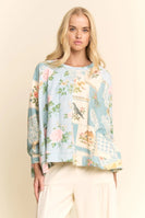 Davi & Dani Vintage Print Knit Top in Blue Combo