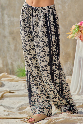 BiBi Floral Jacquard Side Lace Trim Elastic Pants in Black/Light Grey