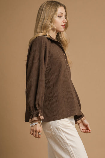 Umgee Textured Top with Contrasting Trim in Brown