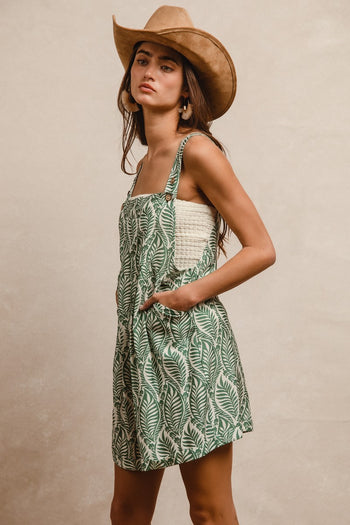 BiBi Floral Print Short Overalls in Sage