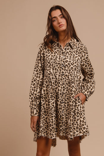 BiBi Leopard Print Washed Denim Button Down Dress in Oatmeal