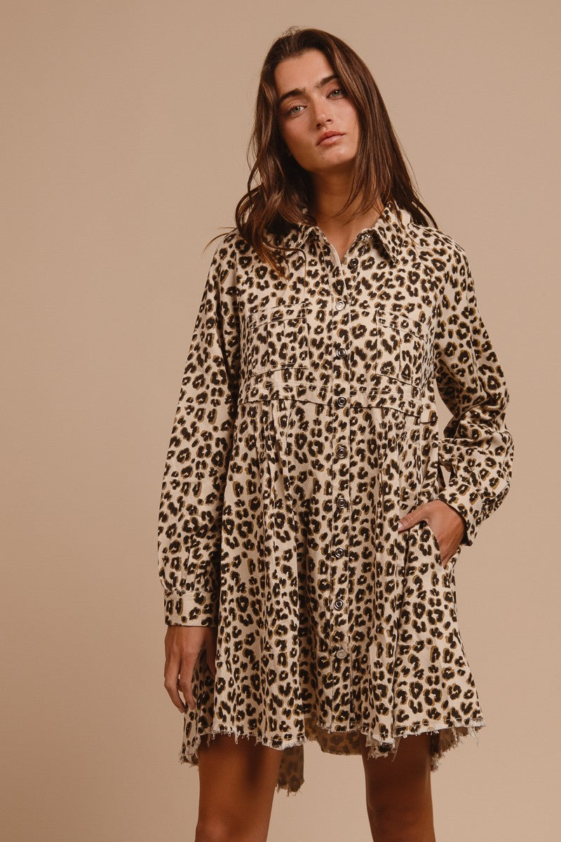 BiBi Leopard Print Washed Denim Button Down Dress in Oatmeal – June Adel