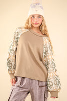 Very J OVERSIZED Knit Top with Aztec Print Sleeves in Olive