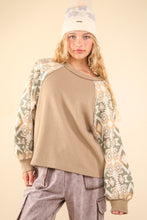 Load image into Gallery viewer, Very J OVERSIZED Knit Top with Aztec Print Sleeves in Olive
