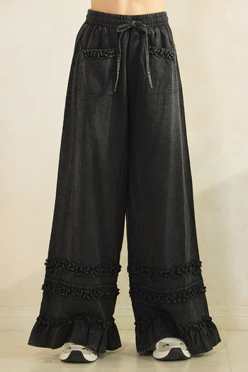 Mittoshop Mineral Washed Ruffle Trim Wide Leg Pants in Ash Black