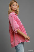 Umgee Stone Washed Corduroy Tunic Top in Hot Pink
