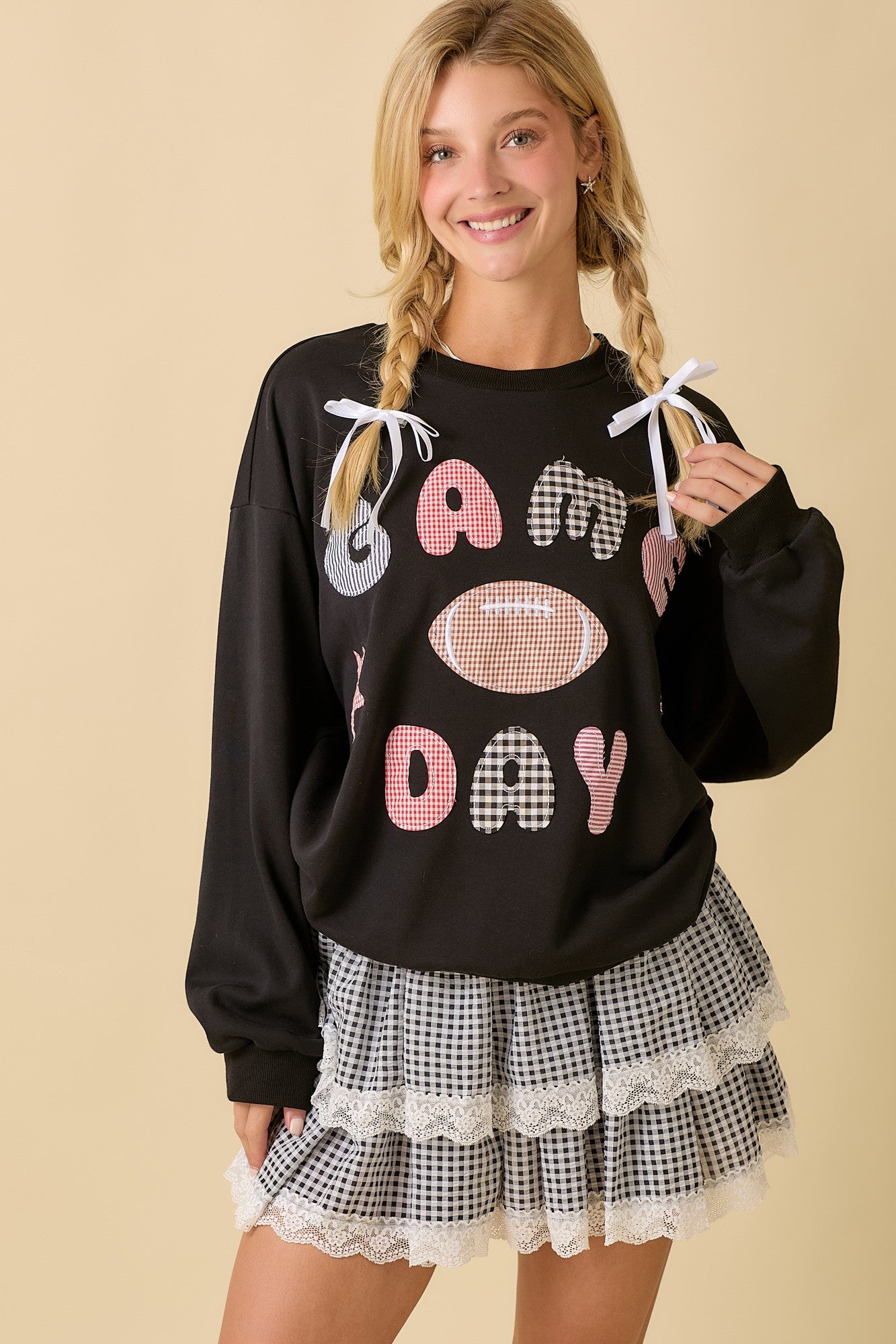Main Strip Game Day Patchwork Top in Black – June Adel