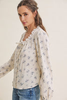 In February Floral Cotton Gauze Blouse in Dusty Blue