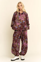 Davi & Dani Floral Print Top and Pants Set in Burgundy