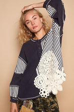 Load image into Gallery viewer, POL OVERSIZED Thermal and Woven Knit Top with Crochet Patch Details in Indigo ON ORDER
