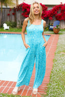 Haptics Boho Batik Print Fit and Flare Jumpsuit in Aqua FINAL SALE