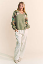 Load image into Gallery viewer, Davi &amp; Dani Solid Color Knit Sweater With Floral Embroidery in Olive Sage
