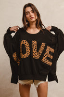 BiBi OVERSIZED Solid Color Top with Leopard "LOVE" Letter Patches in Black