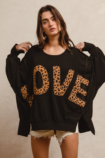 BiBi OVERSIZED Solid Color Top with Leopard "LOVE" Letter Patches in Black