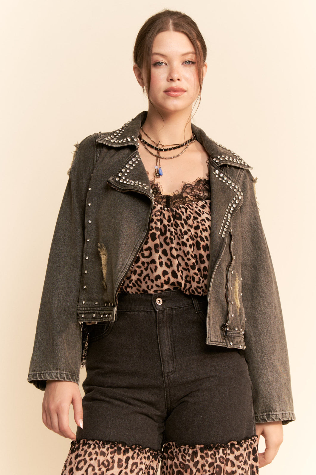 Davi & Dani Denim Jacket with Rhinestone Details in Black Denim