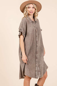 Mittoshop Cotton Gauze Mini Length Shirt Dress in Toffee