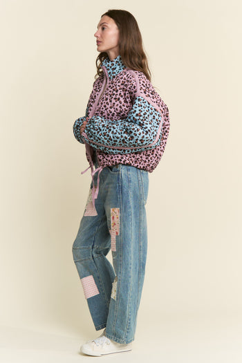 J.nna Multi Color Leopard Print Puffer Jacket in Pink Blue